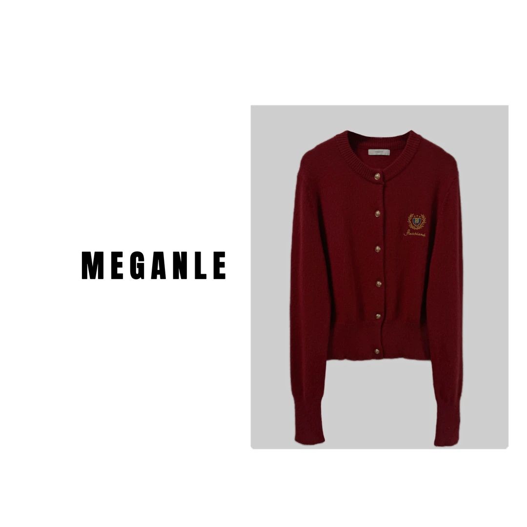 【朝暮】MEGANLE 复古软糯撞色刺绣两色长袖针织开衫2023329