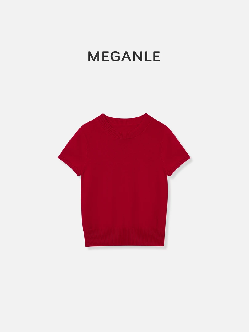 【MEGANLE】经典针织 基础百搭全羊毛纯色圆领短袖针织上衣2024366