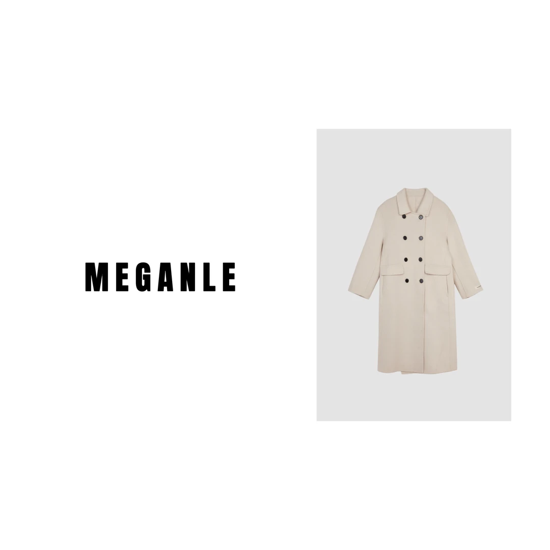 【MEGANLE】冬日恋歌 简约复古翻领双排扣长款毛呢外套2023348