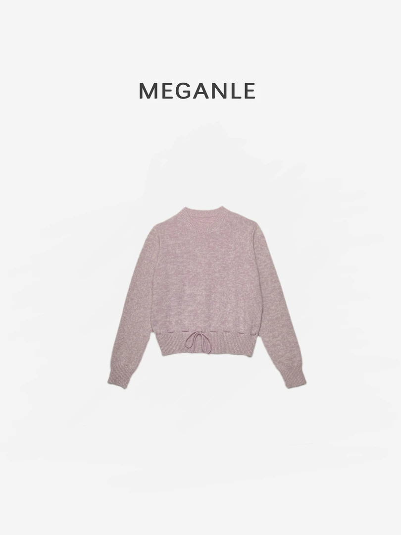 【MEGANLE】雪花酥 秋冬圆领套头下摆系带长袖羊毛针织上衣2024602