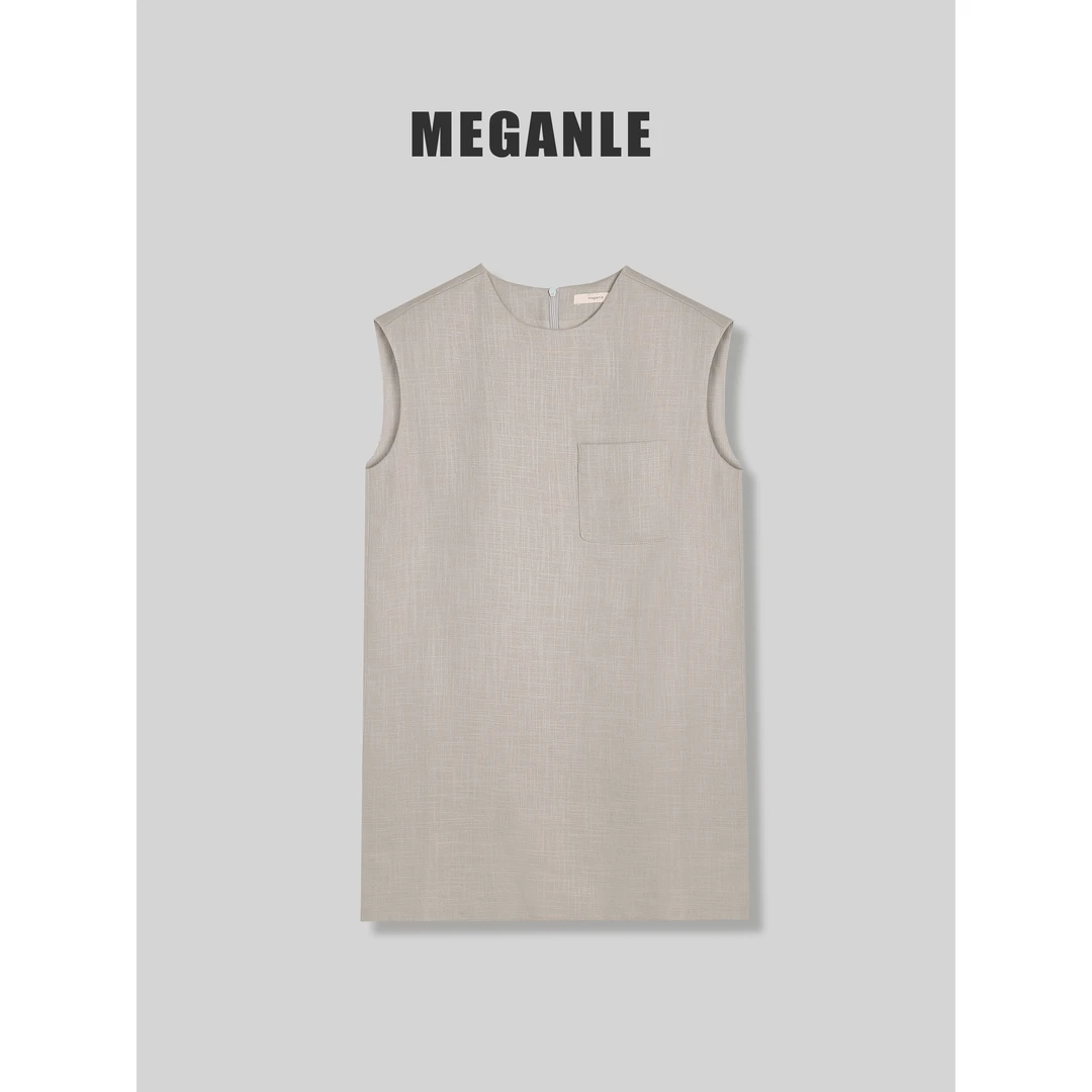 【罗拉】MEGANLE 时尚极简高级感圆领小飞袖直筒连衣裙2024165