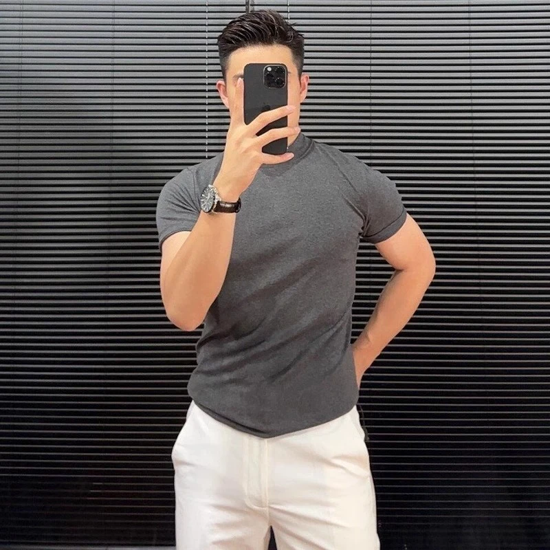 成熟稳重男装灰色正肩短袖T恤夏季新款男士弹力修身中领半袖小衫