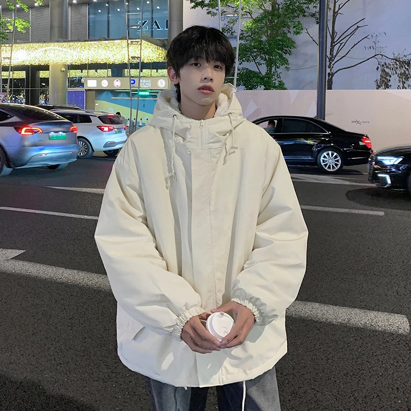 羊羔绒棉服男款冬季日系复古青少年连帽棉衣外套加绒加厚宽松棉袄