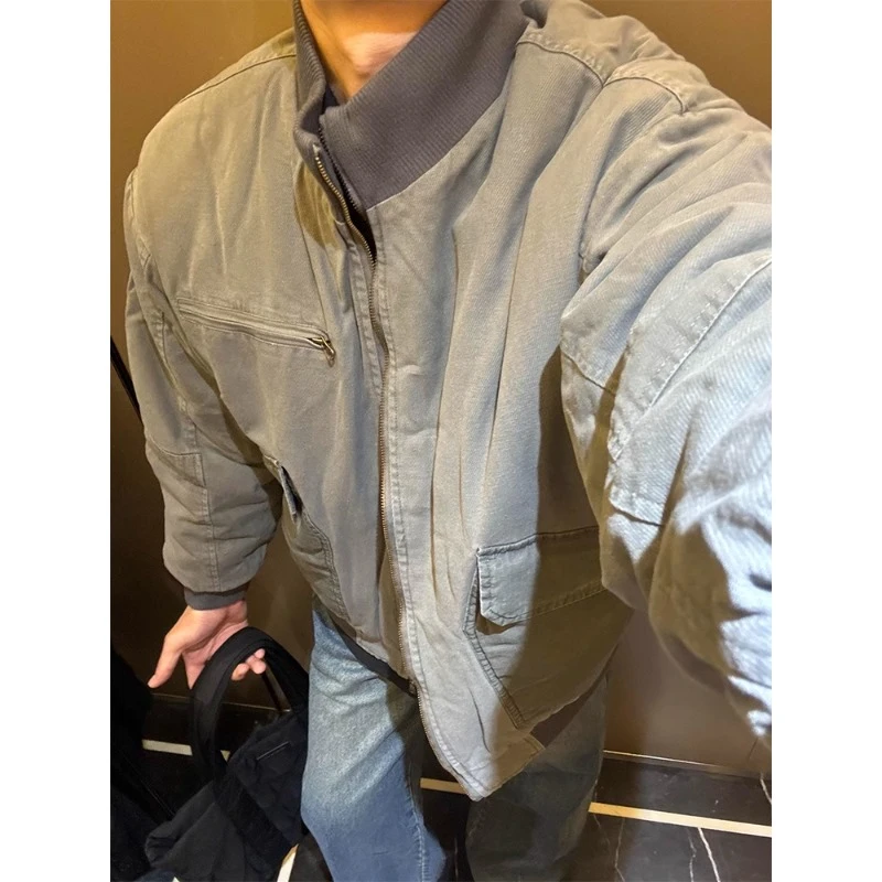 美式复古做旧立领棉服外套潮牌男款冬季工装棒球棉衣cleanfit棉袄