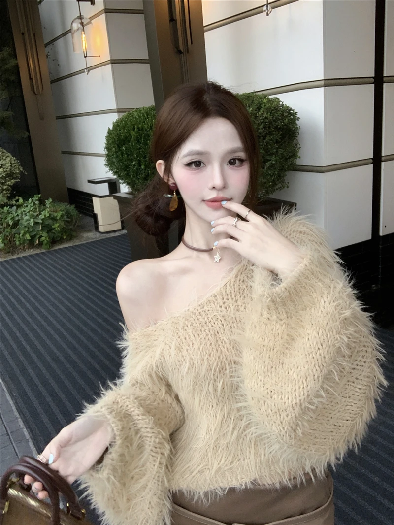 慵懒风百搭套头软糯短款毛衣针织衫女秋冬季纯欲辣妹气质露肩上衣