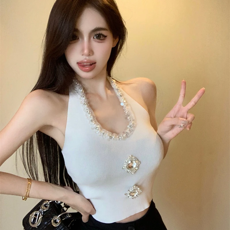 重工镶钻露背针织挂脖吊带小背心女夏季修身辣妹短款白色上衣外穿