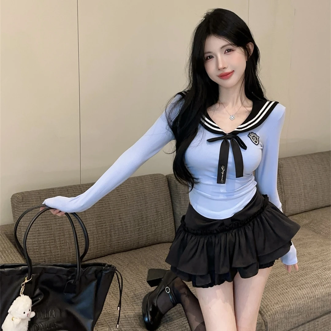 学院风辣妹JK套装减龄海军领拼接长袖上衣女秋百搭蛋糕短裙两件套