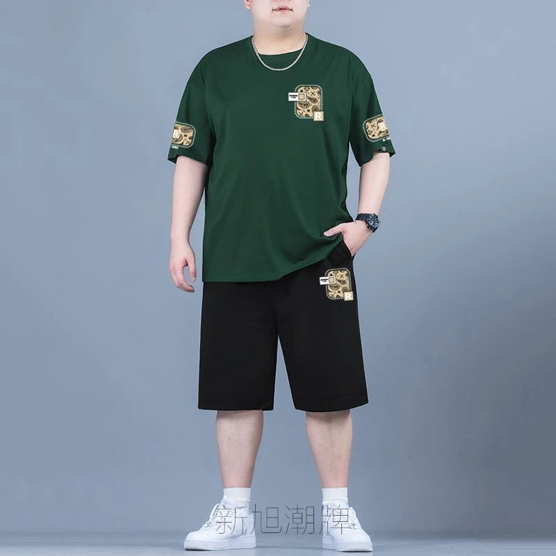 加肥加大休闲短袖短裤套装男士夏季新款胖子宽松大码运动两件套潮