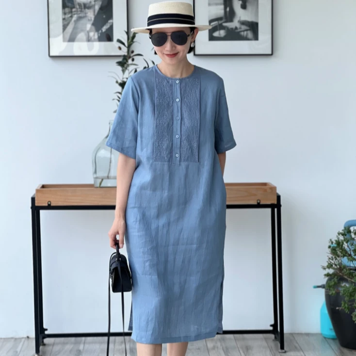 （YY推荐）清新温婉 显瘦时尚休闲夏季复古文艺百搭气质圆领连衣裙