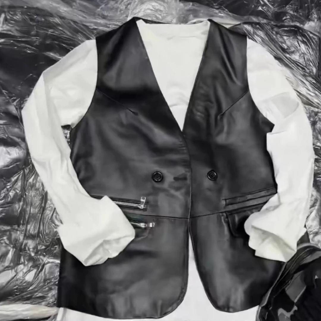 时尚欧货设计真皮绵羊皮横拉链皮马甲（衣长69厘米左右）