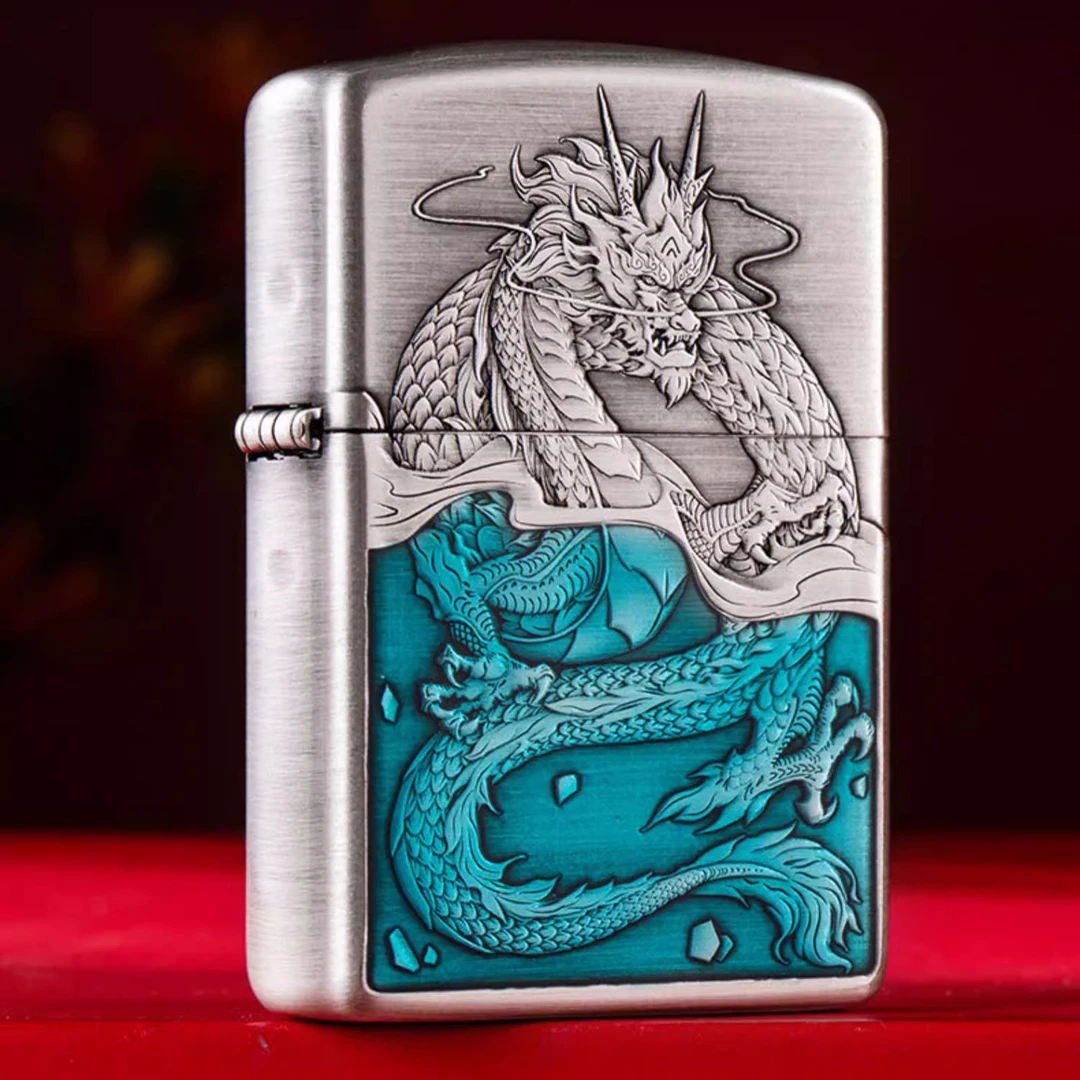 ZIPPO/之宝珐琅蛟龙入海正品打火机双面个性立体原装工艺银色防风