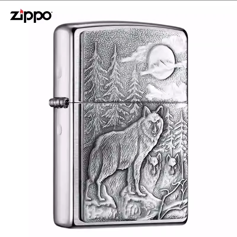 ZIPPO月下狼木狼行正品打火机男士双面个性银色防风原装立体工艺