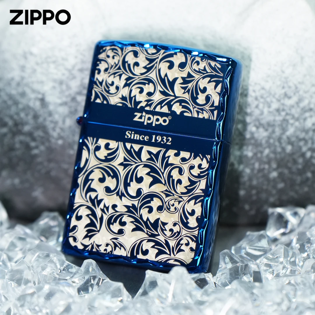 ZIPPO/之宝蓝冰咬边商标起源唐草花官方正品打火机男士蓝色DYJ1