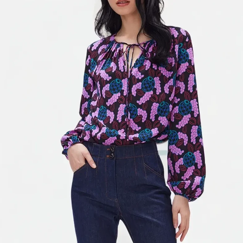 葭恩粉紫色金秋莓果花宽松系带气质休闲上衣0635