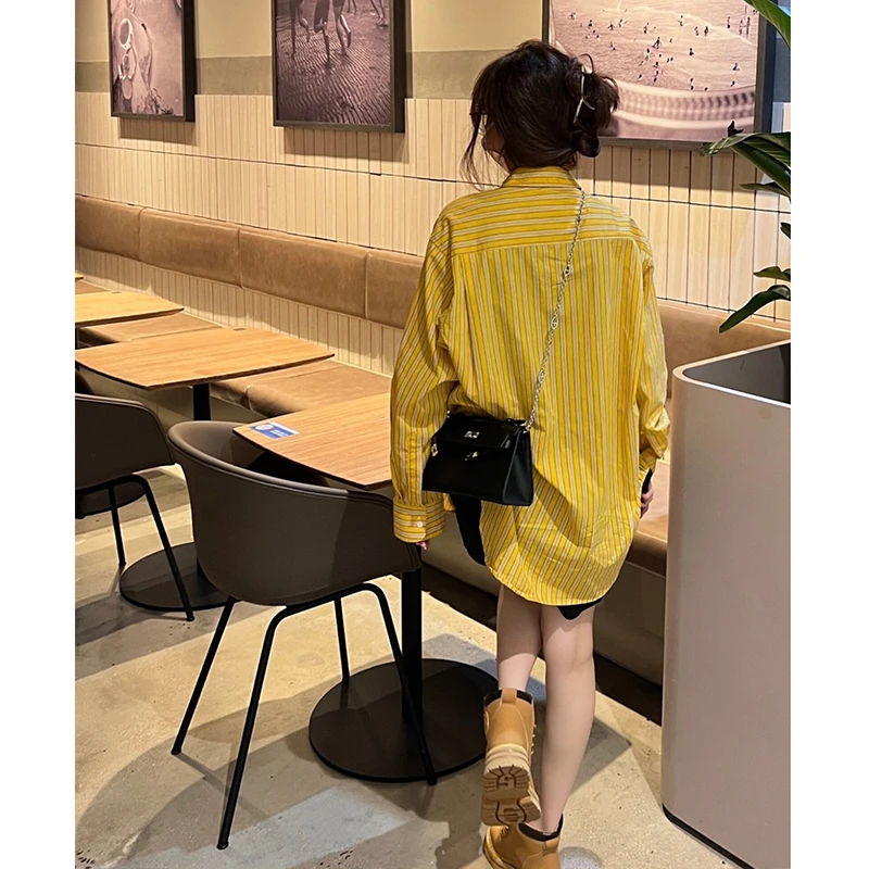 黄色条纹衬衫外套女夏季薄款设计感小众字母刺绣休闲廓形长袖衬衣