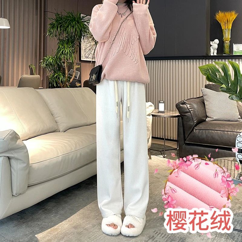 灯芯绒阔腿裤女加绒加厚秋冬外穿宽松直筒休闲冬季针织裤子樱花