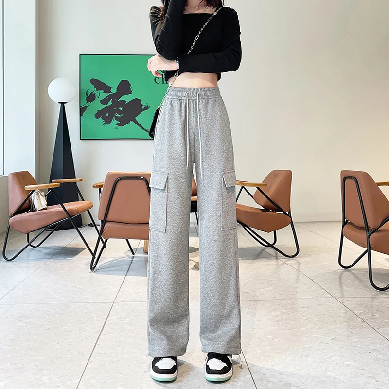美式灰色大口袋女秋冬高腰直筒宽松显瘦运动工装复古抽绳束脚卫裤