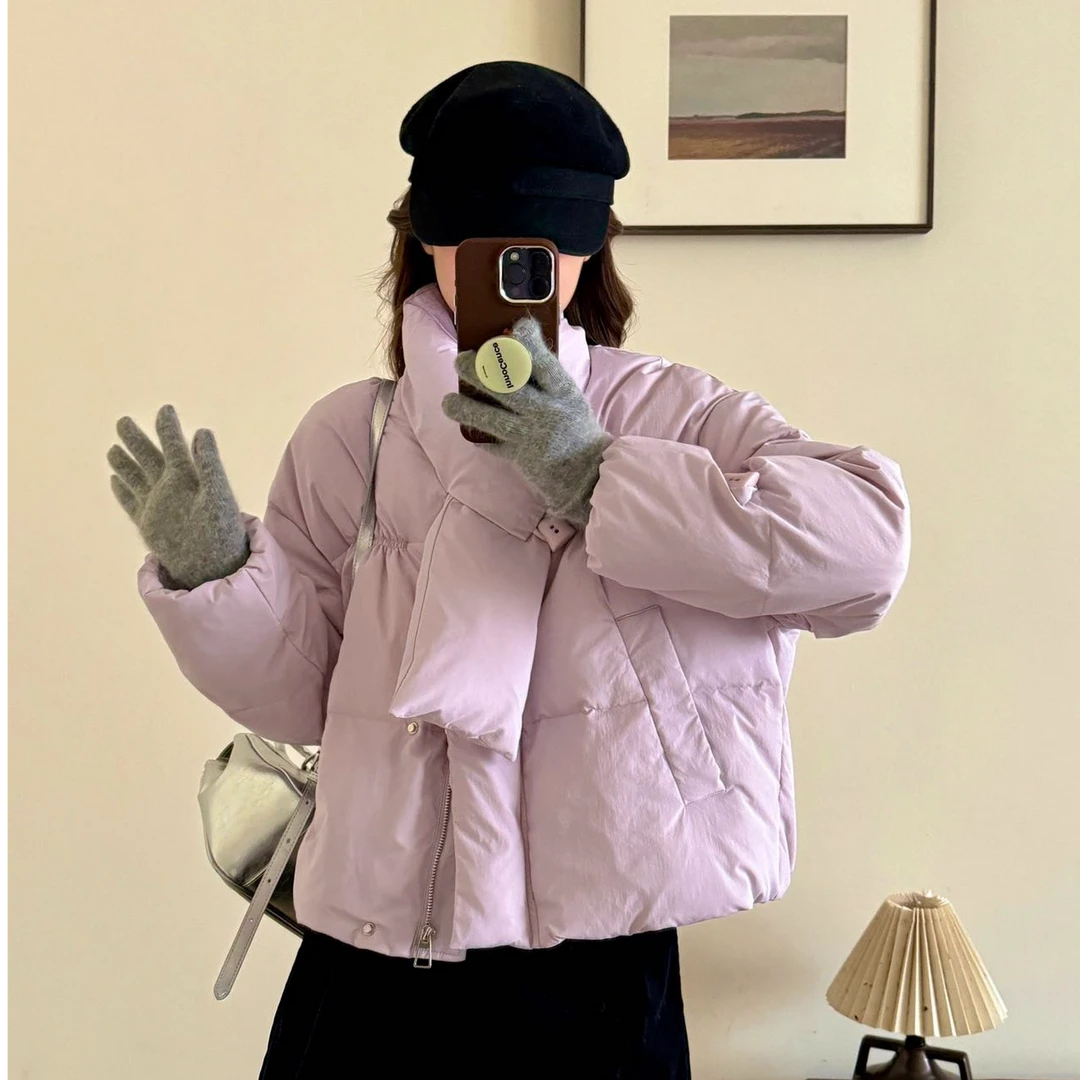 羽绒服女2025新款韩版牛角扣围脖款宽松显瘦小女款韩版宽松羽绒服