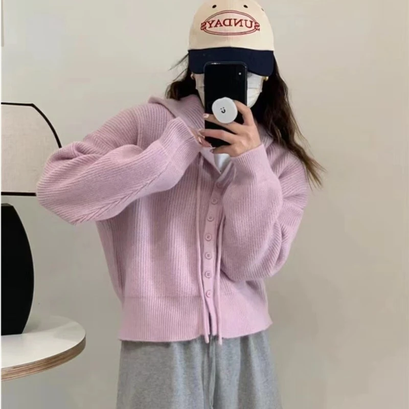 早秋新款连帽毛衣开衫外套女秋冬季韩系宽松慵懒韩系加厚连帽开衫