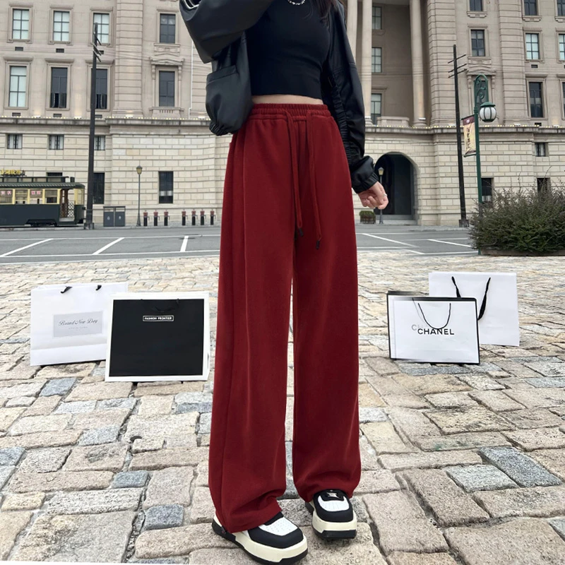 安可拉红2025秋荔枝纹欧棉拖地裤女垂感直筒宽松慵秋冬垂坠拖地裤