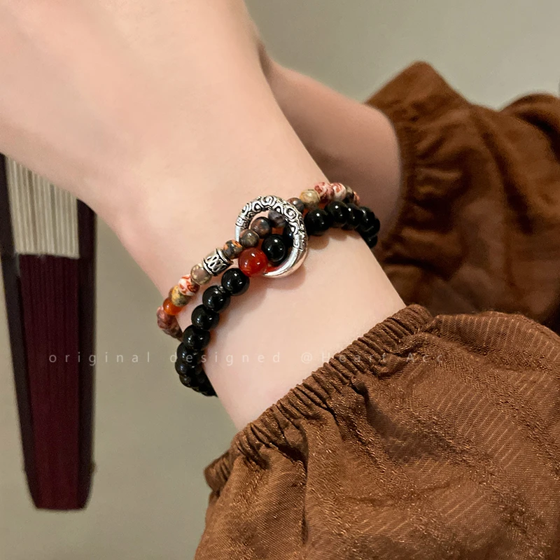 合金手链 禅意新中式串珠手串女双层叠戴平安扣手饰小众情侣手链