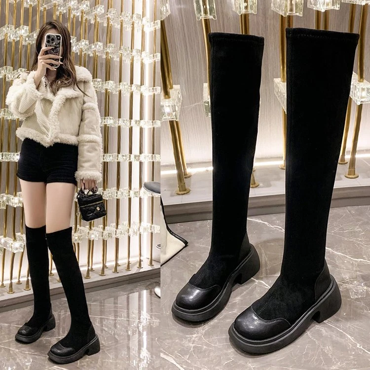 2【断码甩】过膝长筒靴秋季新瘦瘦靴厚底女短靴百搭时装简约粗跟弹