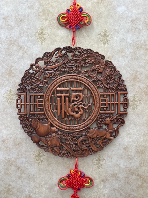 （送中国结）东阳木雕直径48cm福禄寿喜香樟木沙发背景墙挂件