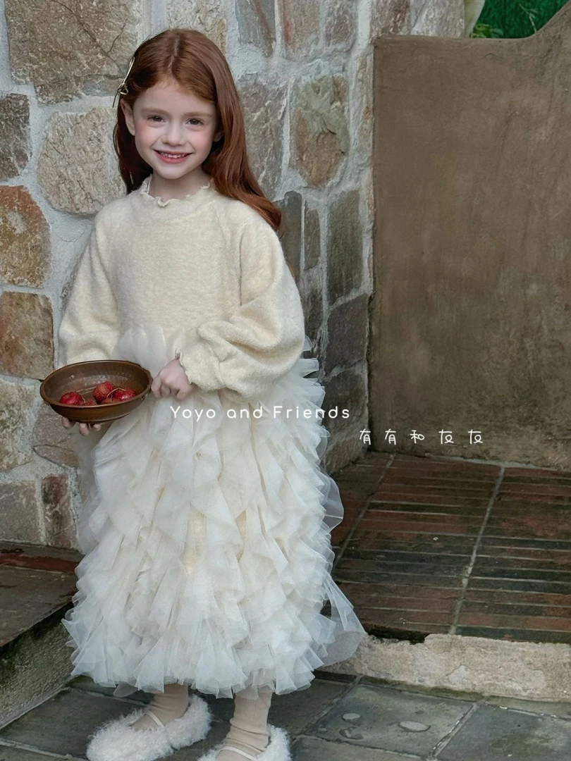 有有家·女童秋冬新款高品质韩系软糯羊毛针织网纱公主连衣裙305