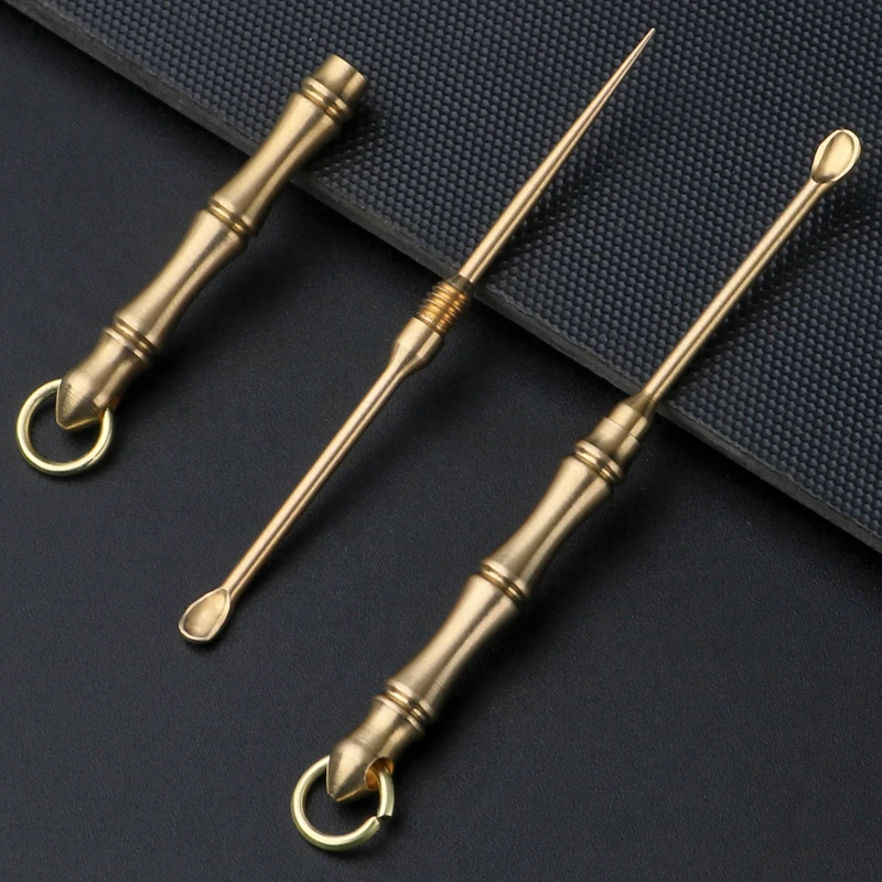 手工黄铜牙签耳勺一体双头双用多功能便携水果签剔牙钥匙扣挂件