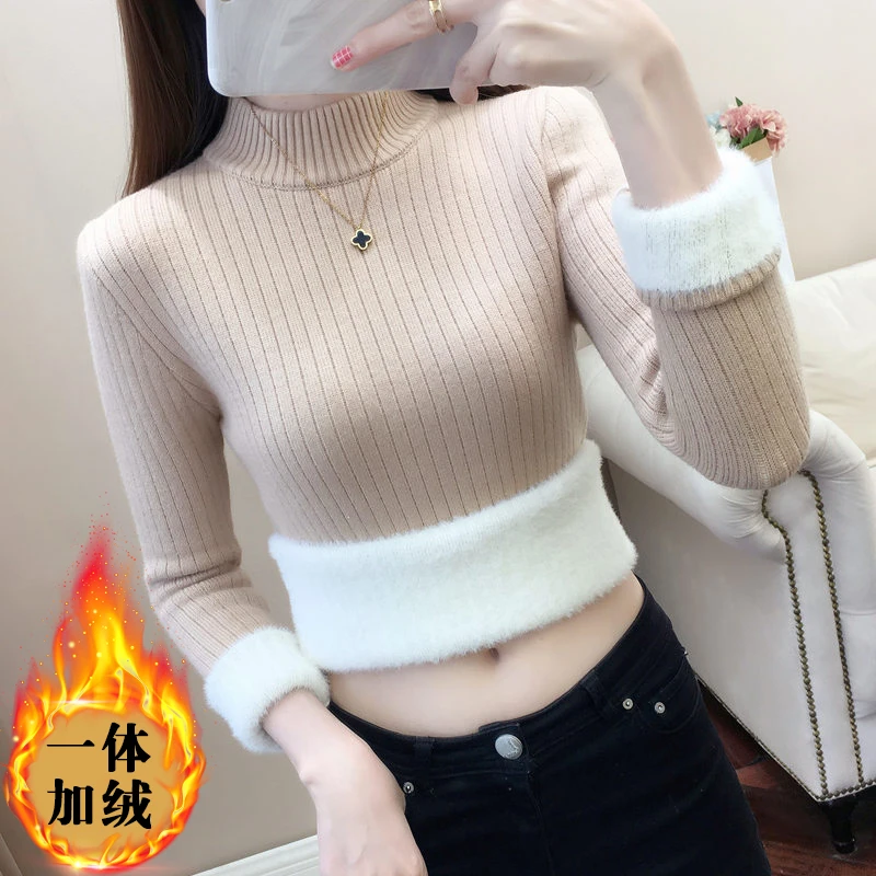 一体绒加厚高领毛衣女宽松打底秋冬2023年新款加绒保暖长袖针织衫