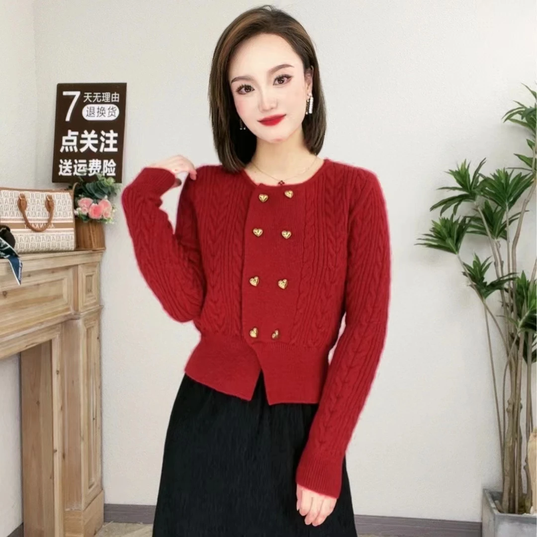 双排扣麻花毛衣外套女2023秋冬新款慵懒复古针织开衫短款圆领上衣