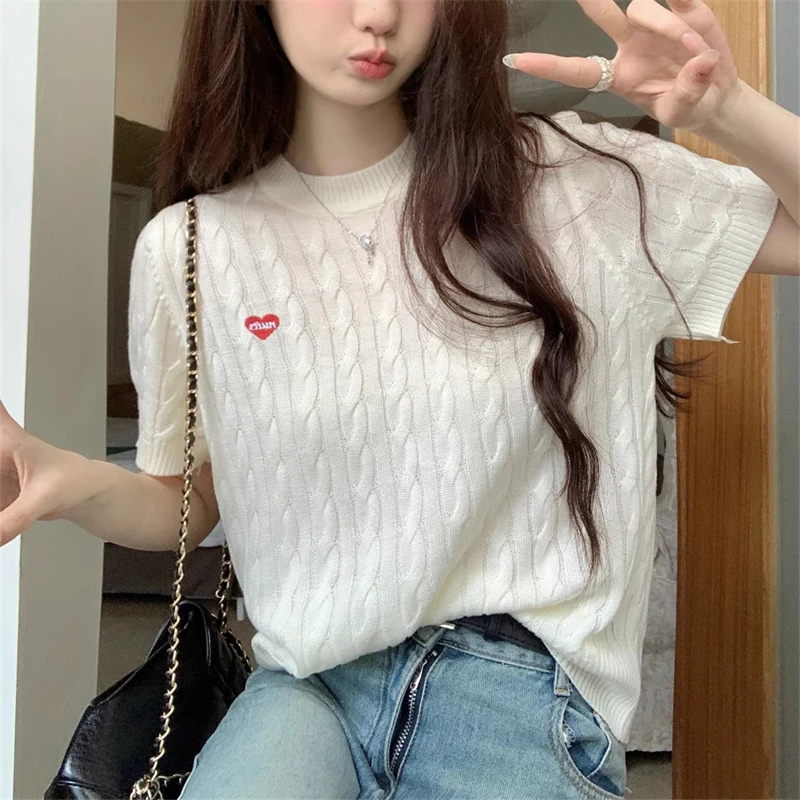 爱心刺绣麻花百搭短袖针织衫女2024夏季宽松小众休闲套头上衣ins