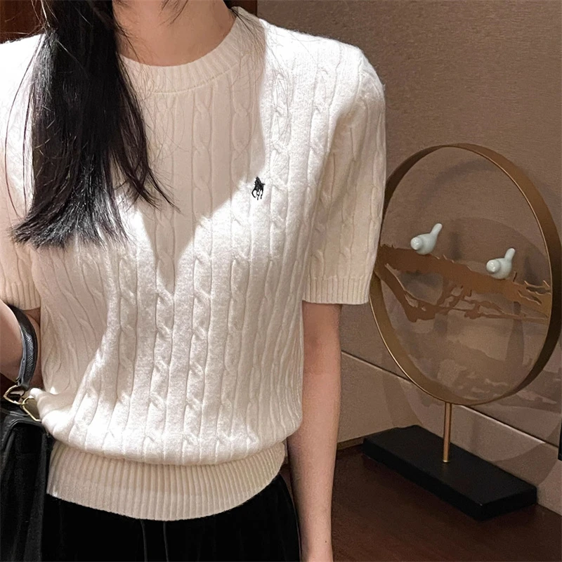 战马短袖软糯麻花针织衫女韩版气质百搭款圆领套头刺绣针织