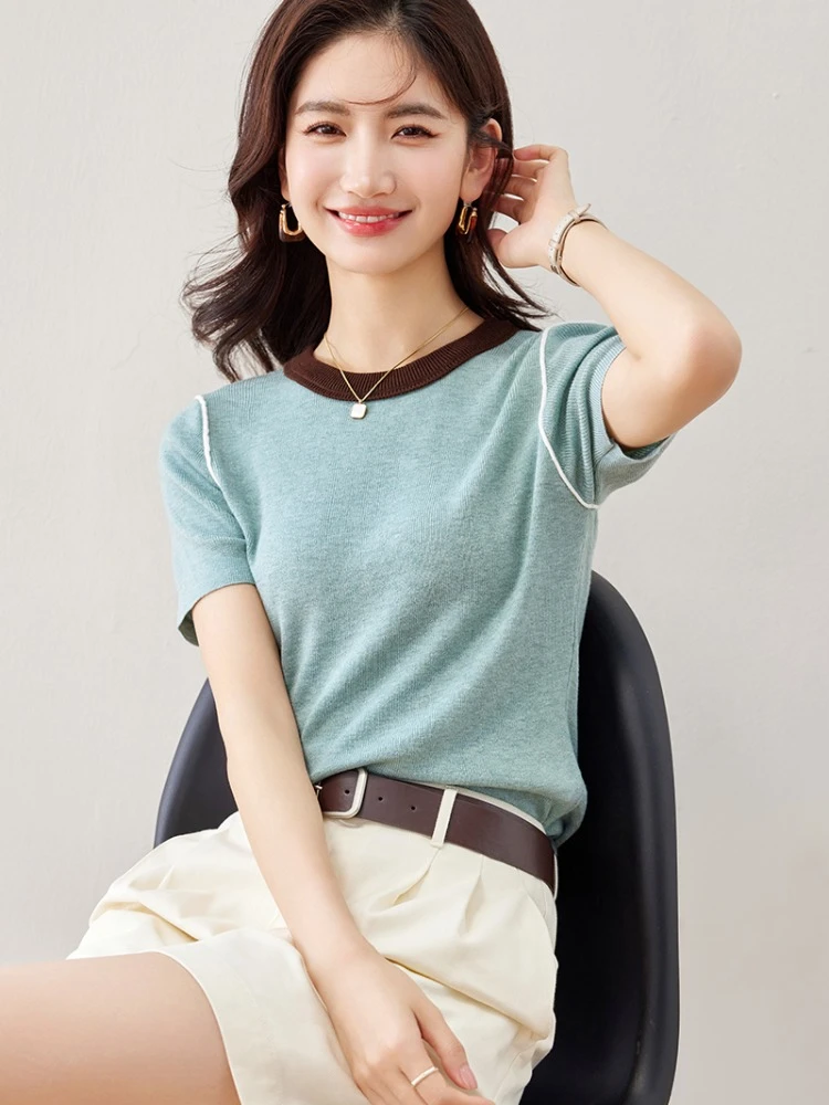 【思大大】设计感拼色冰丝短袖T恤女夏季修身气质百搭针织衫上衣潮