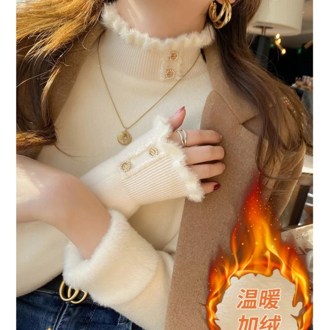 加绒加厚毛衣女冬设计感小众一体绒保暖打底衫内搭秋冬半高领上衣