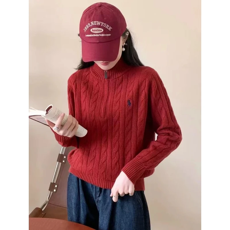 老钱风法式小马刺绣立领半拉链POLO领绞花麻花毛衣针织衫女9902