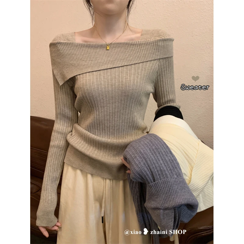 一字肩针织衫女2024冬新款打底内搭设计感高级感修身显瘦气质0028