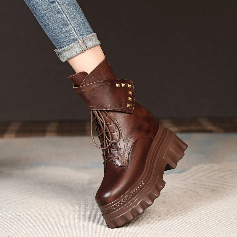 10cm内增高秋冬复古平底圆头坡跟中筒马丁靴百搭厚底系带短靴女靴