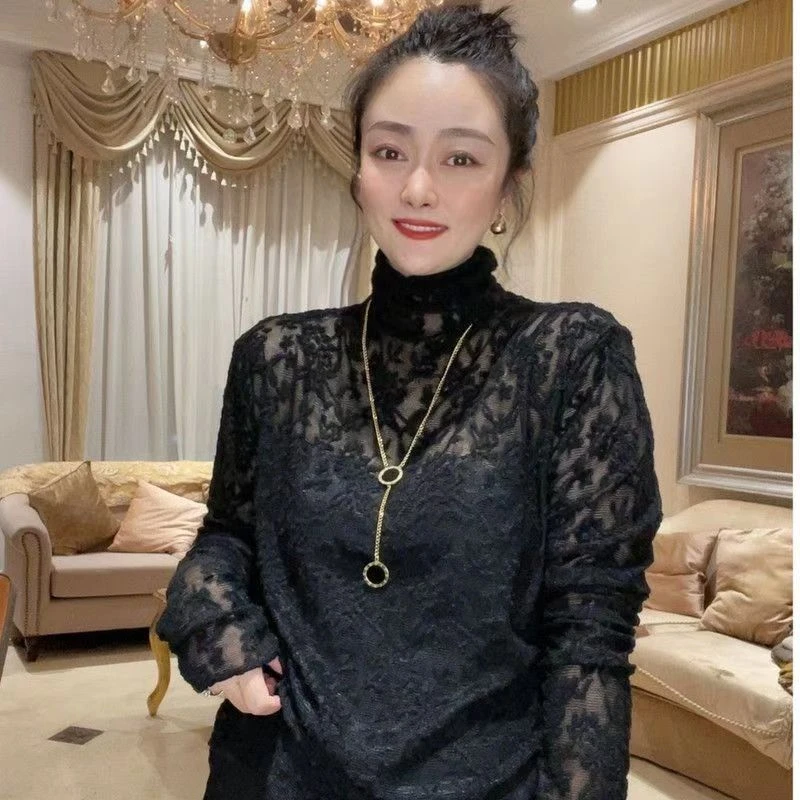 【高品质】春秋冬季宽松时尚百搭高领蕾丝打底衫百搭洋气欧货大版型