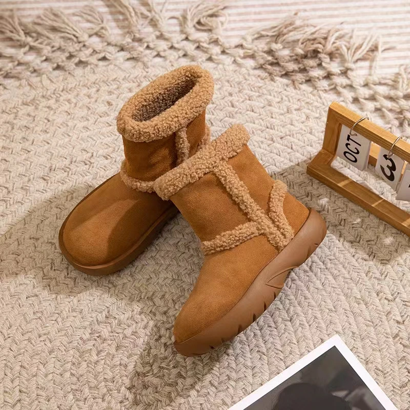 牛皮秋冬短筒雪地靴女羊羔毛保暖棉鞋女4CM厚底防滑加绒百搭棉靴