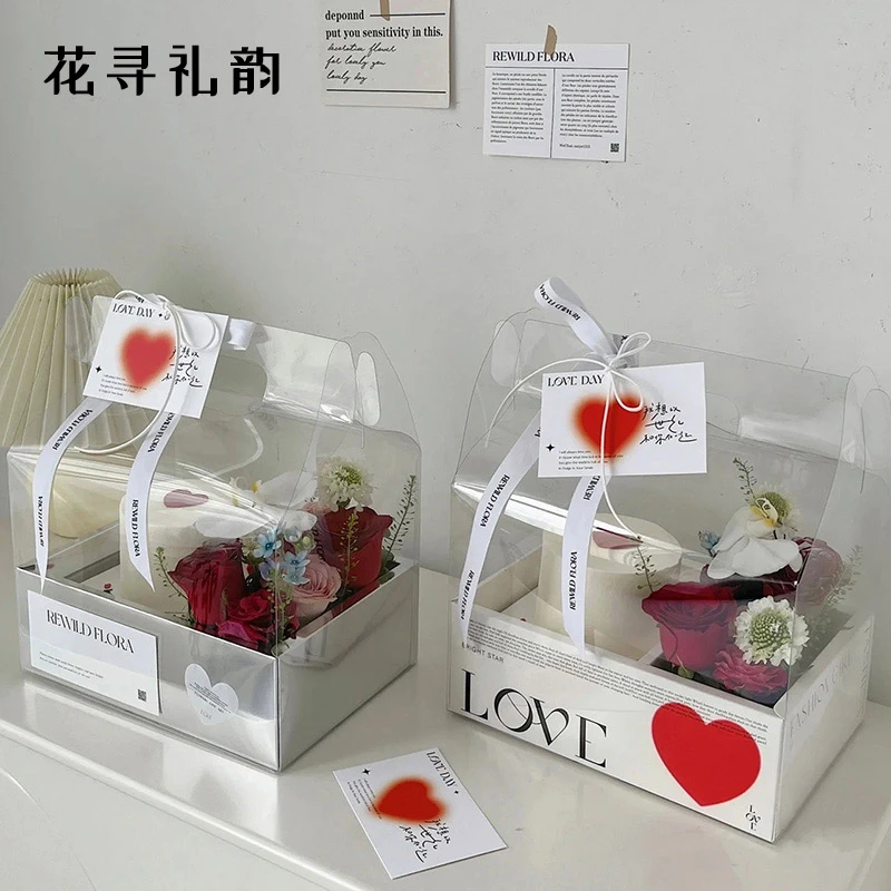 花执时尚手提pvc花盒鲜花插花盒花束包装盒花艺透明折叠鲜花礼盒