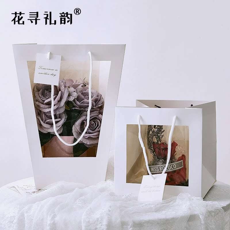 【花执】透明橱窗手提盒鲜花束包装玫瑰插花盒手拎礼品盒花店