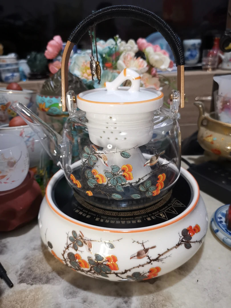 广州发货 花鸟玻璃陶茶壶加电陶炉煮茶器一套550mL