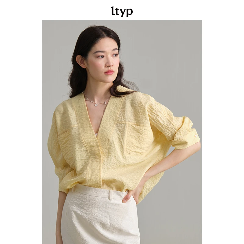 ltyp旅途原品 真丝可水皱感干丝无领蝙蝠袖衬衫春夏季宽松衬衣女