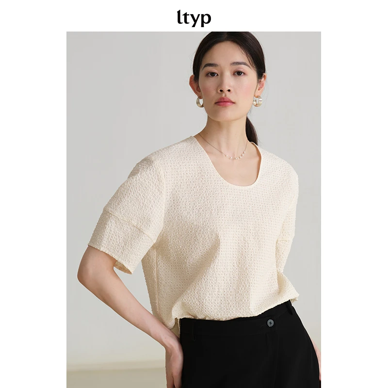ltyp旅途原品时髦优雅华夫泡泡格廓形U领小衫初夏夏短袖设计感T恤