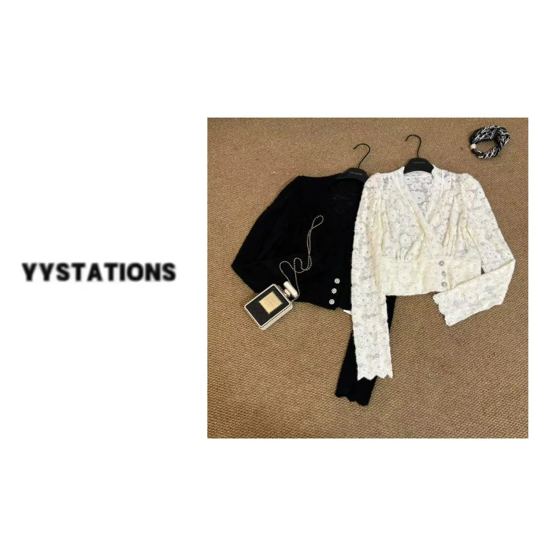 YYSTATIONS【小公主！】设计师款法式V领收腰磨毛蕾丝衫-9938