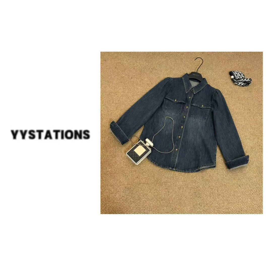 YYSTATIONS【小金扣牛仔！】欧货时尚翻领单排扣百搭加绒衬衫-8851