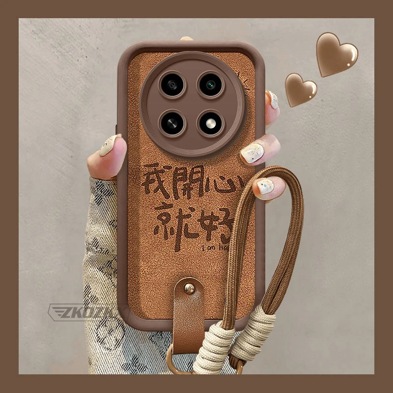 适用荣耀X60Pro手机壳开心就好高颜值女款羊皮纹防摔带手绳保护套