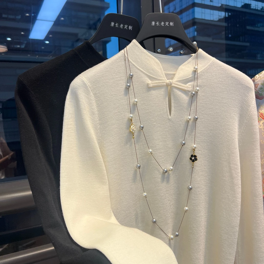 【舒适】新中式盘扣百搭半高领女士打底衫毛衣