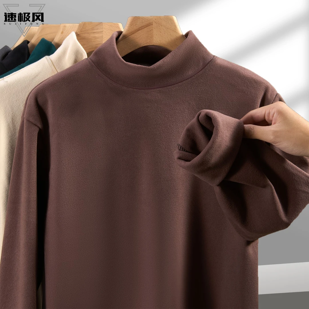 秋冬季双面德绒半高领长袖t恤男纯色保暖内搭圆领打底衫中领秋衣
